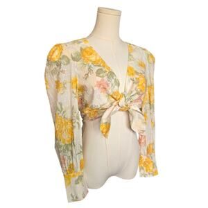NWOT WAYF Ivory Floral Texture Long Sleeve Front-Tie Crop Top